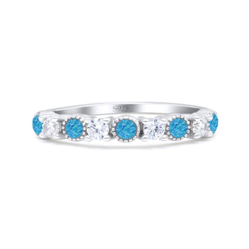 Half Eternity Ring Wedding Engagement Band Round Lab Created Blue Opal 925 Sterling Silver